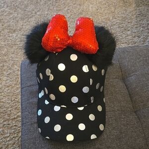 Disney Black and Silver Polka Dot Hat with Red Bow